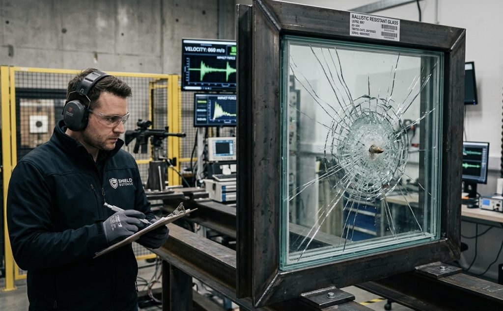 Kurşun geçirmez camın mermi direncini gösteren labaratuvar test görseli.