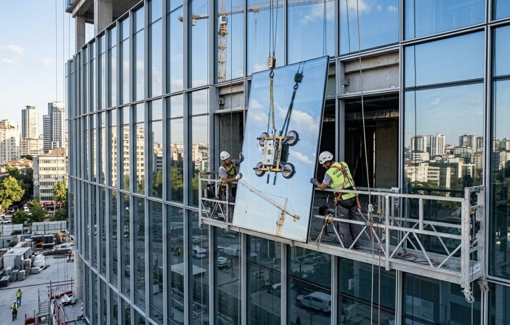 Cephe Cam montajının bir binaya montajlanırken görüntüsü