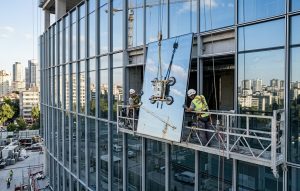 Cephe Cam montajının bir binaya montajlanırken görüntüsü