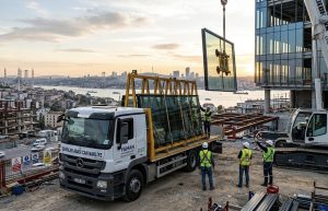 Profesyonel cam nakliye aracı ve şehirler arası cam montajı çalışması.