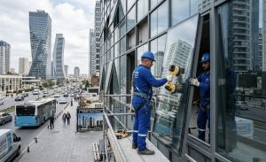 Ataşehir Finans Merkezi bölgesinde modern bir plazanın dış cephe cam montajı ve cam değişimi çalışması.