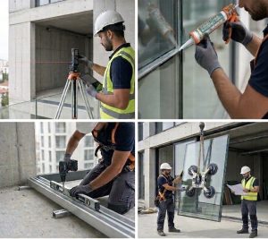 Bina cephesinde uygulanan profesyonel lamine cam montajı sırasında ölçü alma ve hazırlık işlemlerinin yapılması