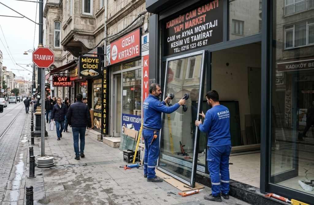 Kadıköy Bahariye caddesinde dükkan vitrini için cam montajı yapan profesyonel ustalar.