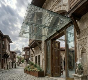 Modern bina girişinde alüminyum taşıyıcılı şeffaf saçak cam montajı uygulaması, yağmur ve güneş koruması sağlayan dayanıklı cam sundurma sistemi