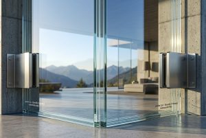 Modern mimaride kullanılan şeffaf, dayanıklı ve yüksek güvenlikli lamine cam panel tasarımı