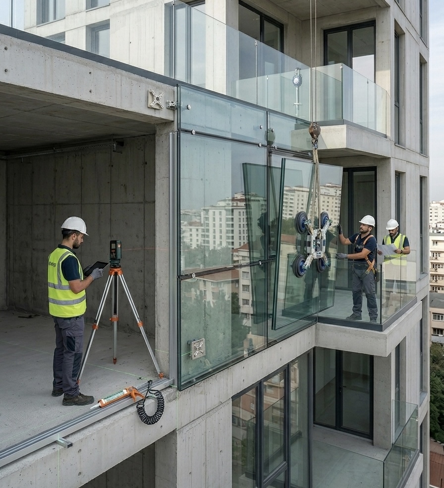 Modern bina inşaatı şantiyesinde profesyonel ekipler tarafından vinç ve vakumlu kaldırma ekipmanları kullanılarak yapılan güvenli ve hassas lamine cam montajı aşaması, iş güvenliği ve hassas mühendislik uygulaması.