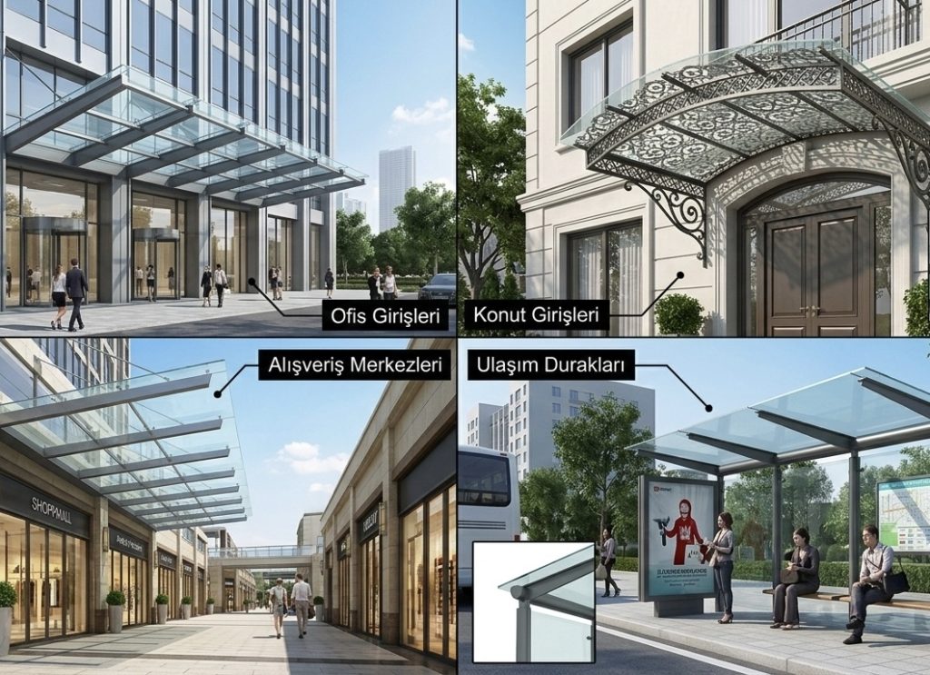 Gemini şunu dedi: Saçak cam (kanopi) sistemlerinin ofis, konut, alışveriş merkezi ve otobüs durakları gibi dört farklı mimari alandaki modern ve işlevsel uygulamalarını, yapısal detaylarıyla birlikte gösteren kolaj görseli.