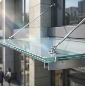 Modern bina girişinde temperli camdan üretilmiş saçaklı cam montajı, alüminyum taşıyıcılı şeffaf cam sundurma sistemi