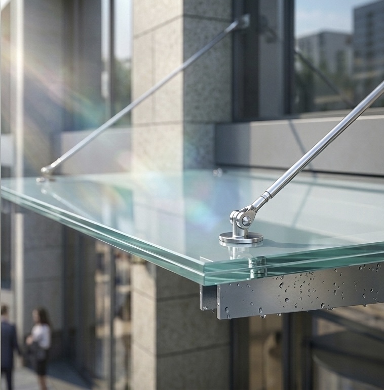 Modern bina girişinde temperli camdan üretilmiş saçaklı cam montajı, alüminyum taşıyıcılı şeffaf cam sundurma sistemi