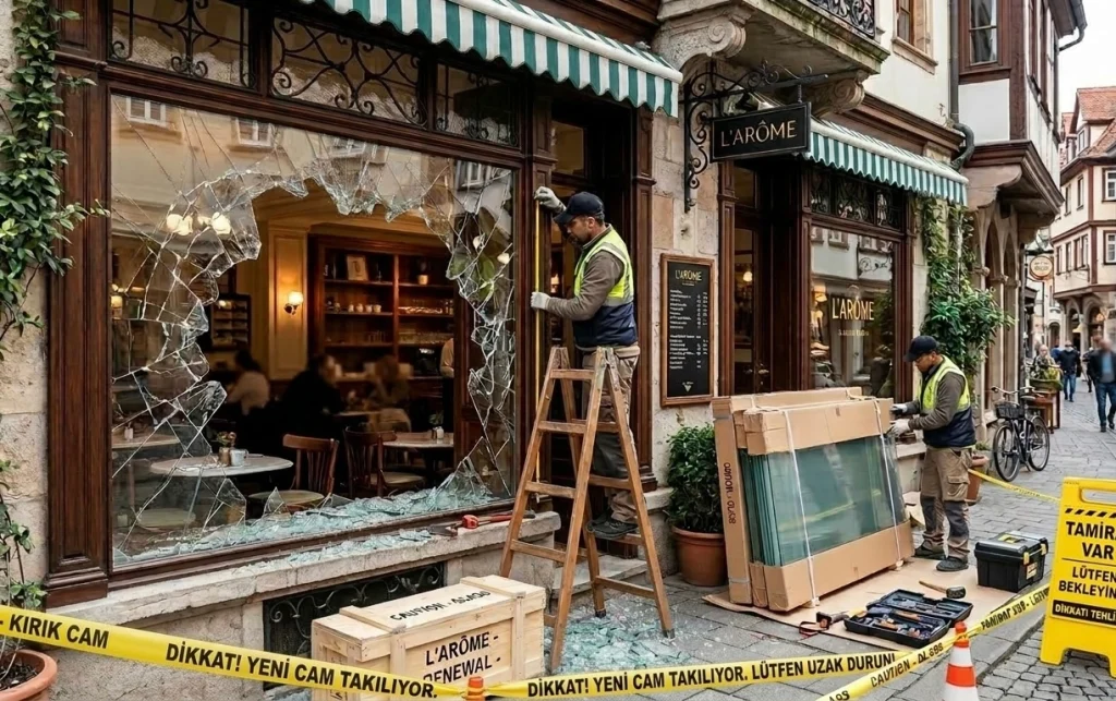 Profesyonel kırık cam değişimi operasyonu; güvenlik şeridi eşliğinde ahşap çerçeveli dükkan vitrini yenileme ve ölçüm çalışması.