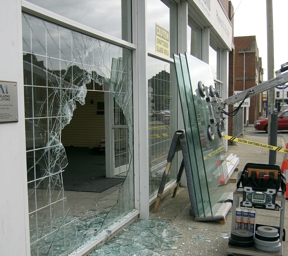 "Kırık vitrin camı değişimi ve yeni cam panellerin montaj hazırlığı, sokak seviyesinde dükkan cam tamiri sahnesi.