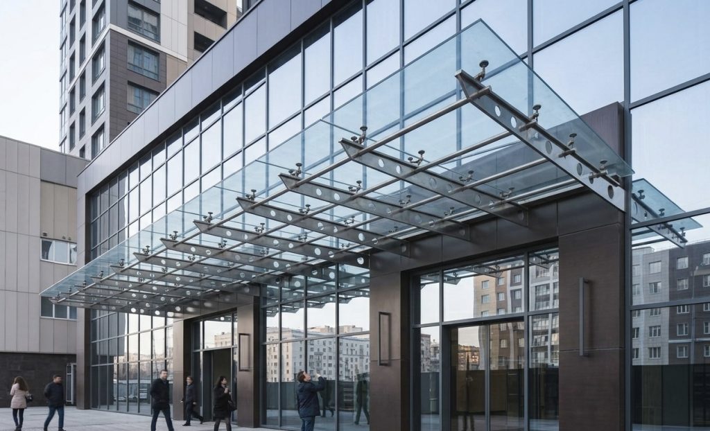 Modern bina girişinde temperli camdan üretilmiş saçaklı cam montajı, alüminyum taşıyıcılı şeffaf cam sundurma sistemi uygulaması